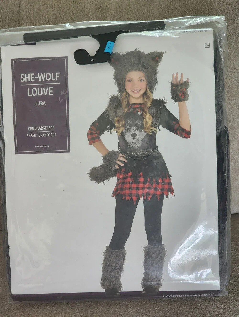 New In Package She-Wolf Kids Halloween Costume Gray & Red Plaid Size Large 12-14